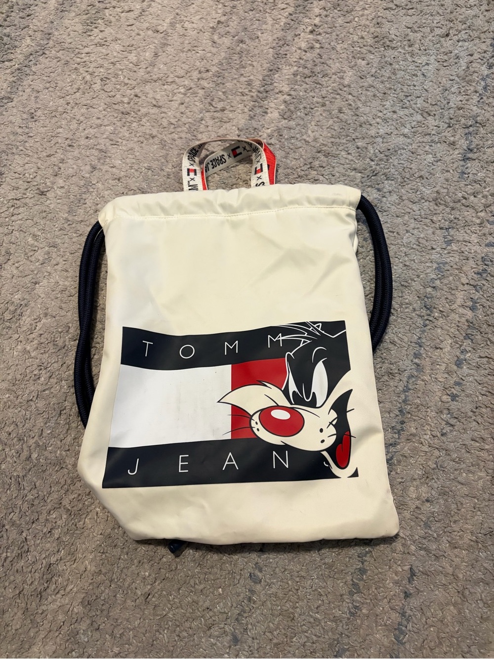Tommy Jeans x Space Jam Sylvester The Cat Drawstring Backpack Cinch Bag Navy Cre